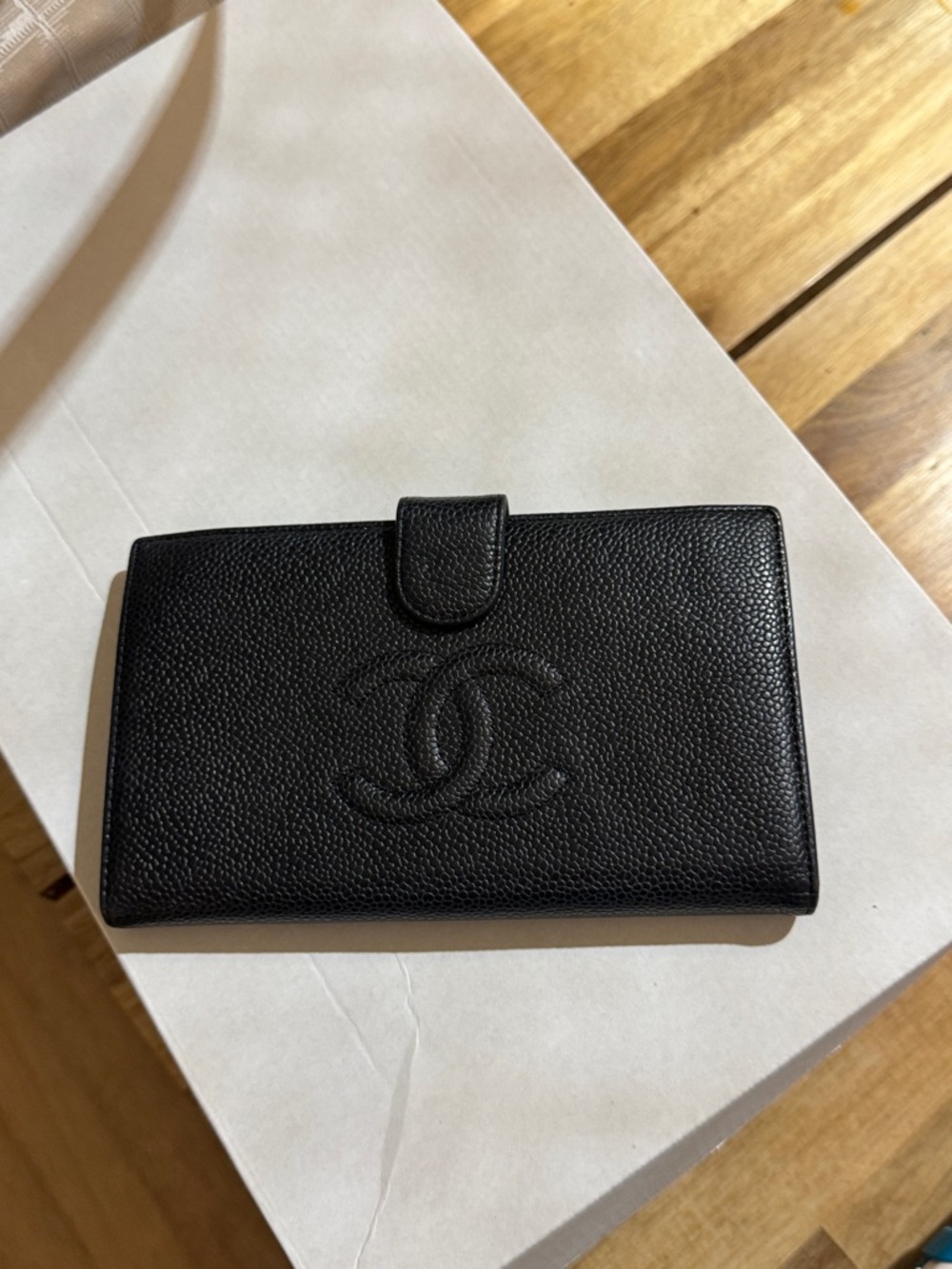 CHANEL Black Caviar Leather Bi-Fold Wallet with Embossed CC